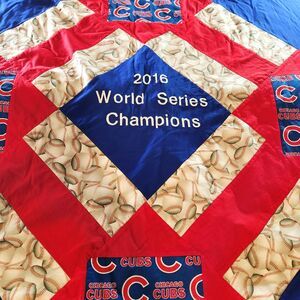 Handmade QUILT Chicago Cubs Throw Fleece Backed 2016 World Series Baseball 54x74